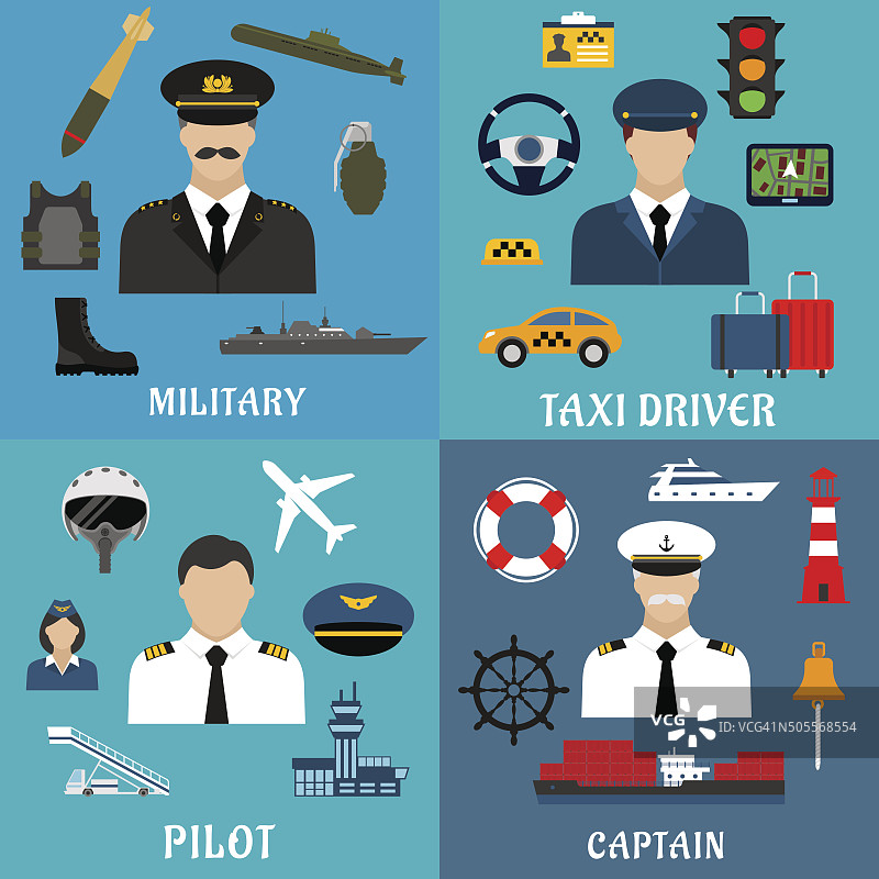 军人、上尉、飞行员和出租车司机的标志图片素材