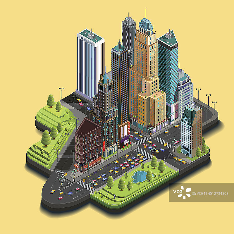 三维矢量等距城市地图，摩天大楼区部分图标图片素材