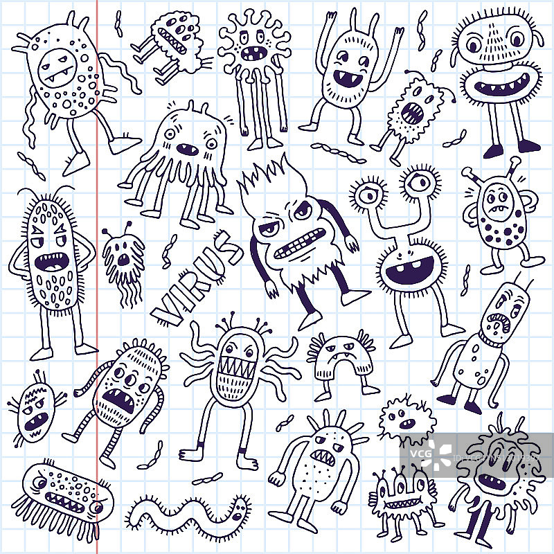 细菌涂鸦细菌集合。手绘矢量插图。图片素材