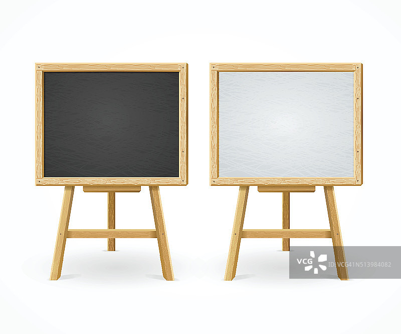 黑板和白色设置在画架前视图。向量图片素材