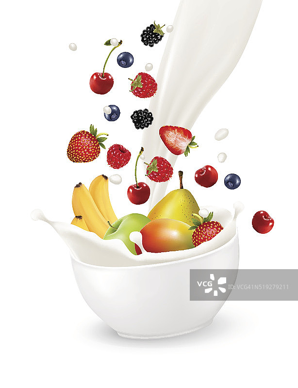 一碗健康水果和泼牛奶。矢量插图。图片素材