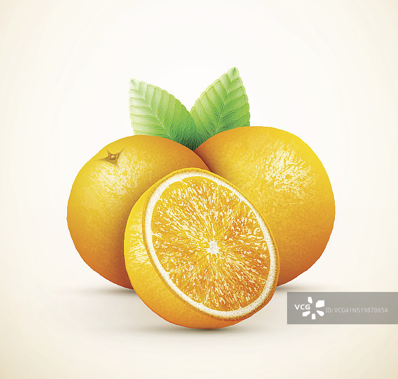 新鲜的橙子是绿叶和切片的水果图片素材