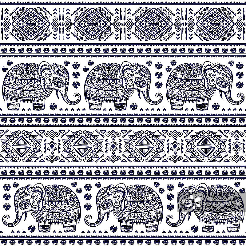 古印度大象无缝图案与部落装饰。图片素材