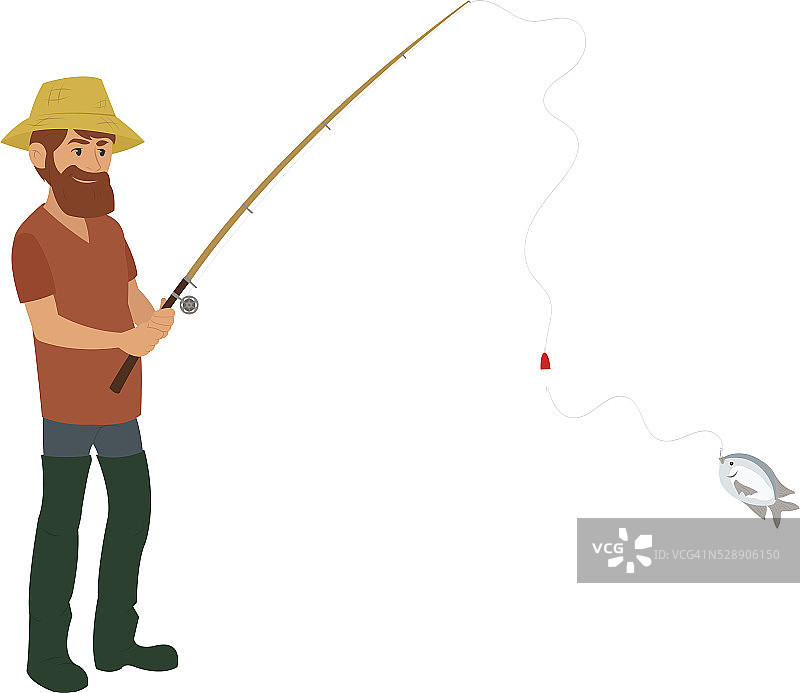 一个穿着水靴拿着钓竿的孤立的渔夫图片素材