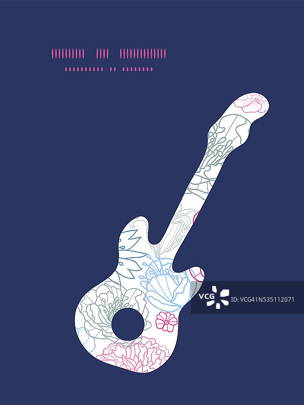 向量灰色和粉红色线形花卉吉他音乐剪影图案图片素材