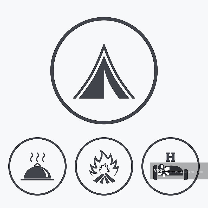 热的食物，睡眠，露营帐篷和火标志。图片素材