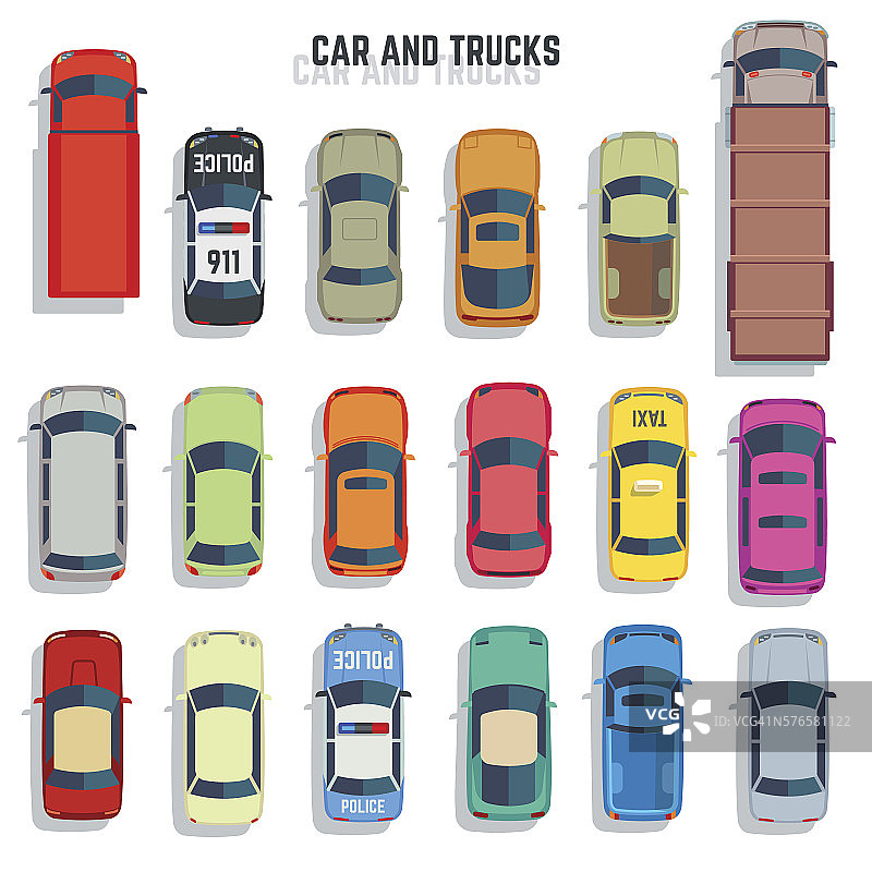 汽车和卡车顶视图平面矢量图标集图片素材