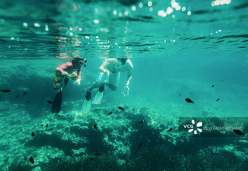 水下的成熟男子和儿子海上浮潜，梅诺卡岛，巴利阿里群岛，西班牙图片素材