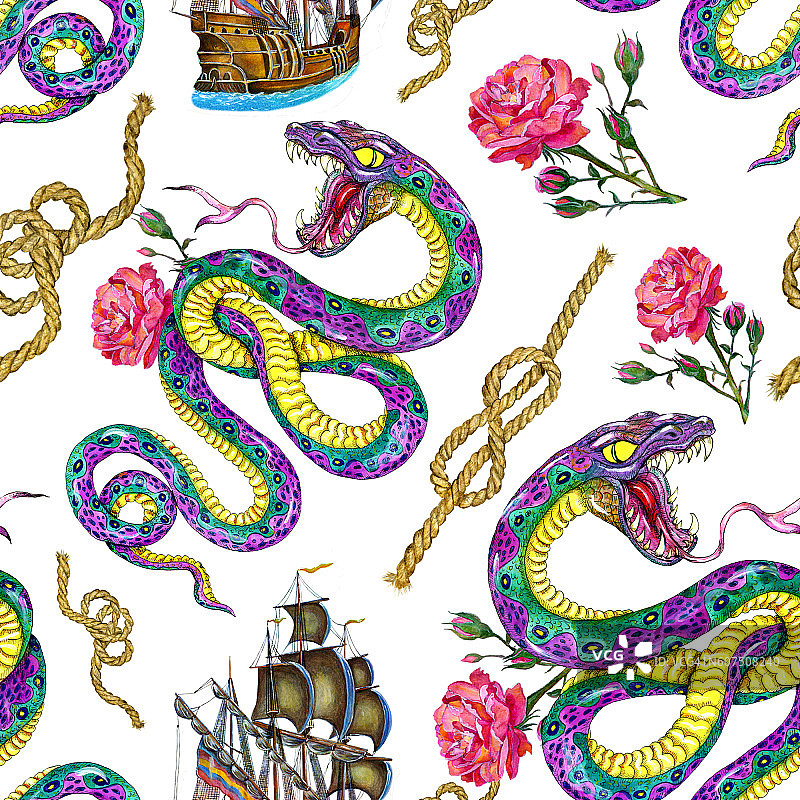 无缝背景蛇，船和玫瑰图片素材