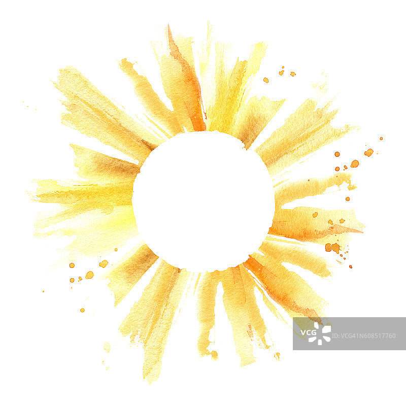 太阳与水彩飞溅，滴。手绘圆框。Copyspace图片素材