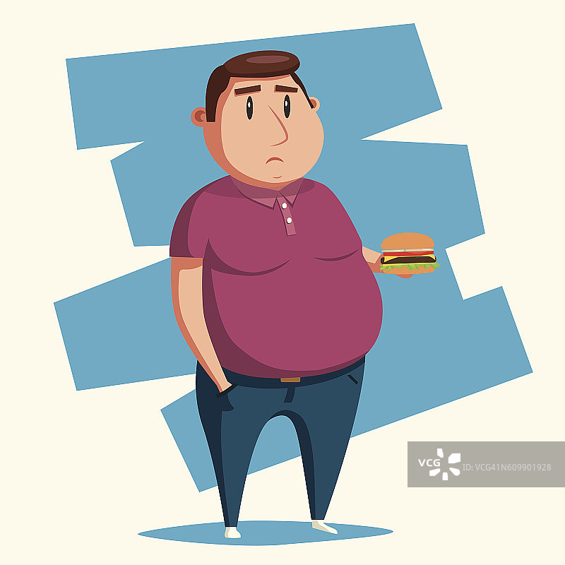 吃汉堡的胖子。卡通矢量插图。图片素材