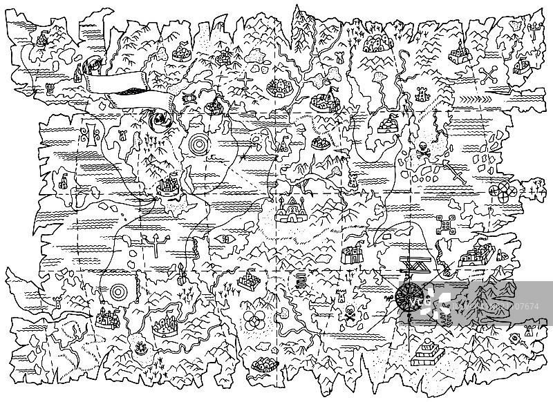 黑白插图的海盗地图的幻想土地图片素材