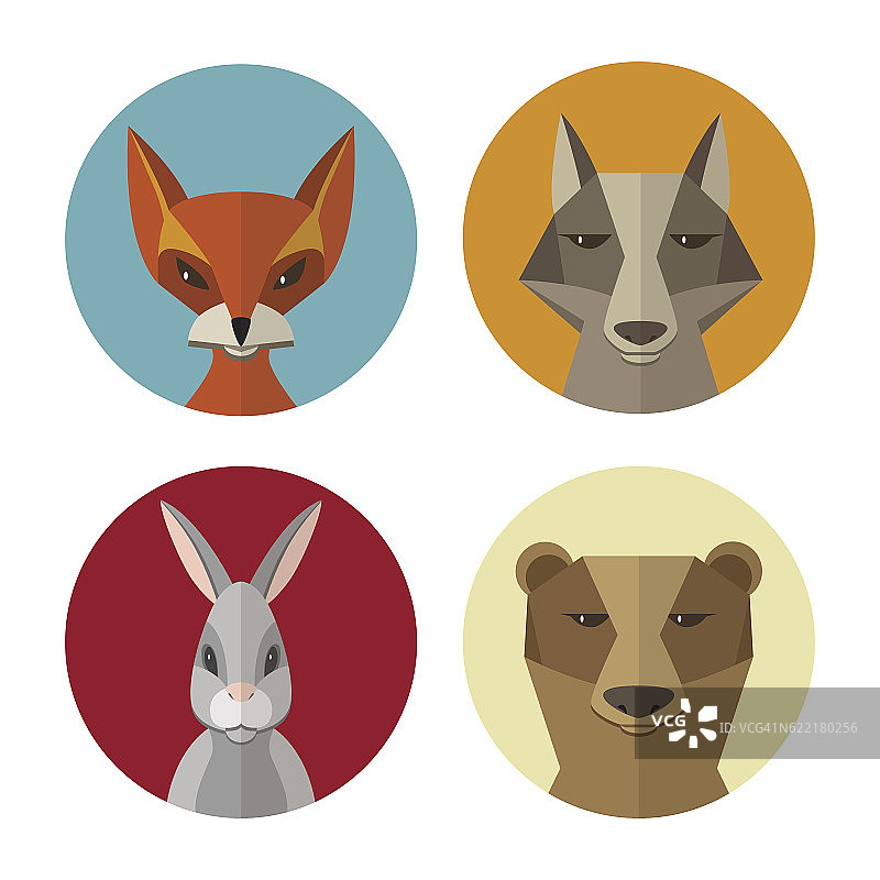 森林动物兔子、狐狸、狼、熊平面设计矢量图标图片素材