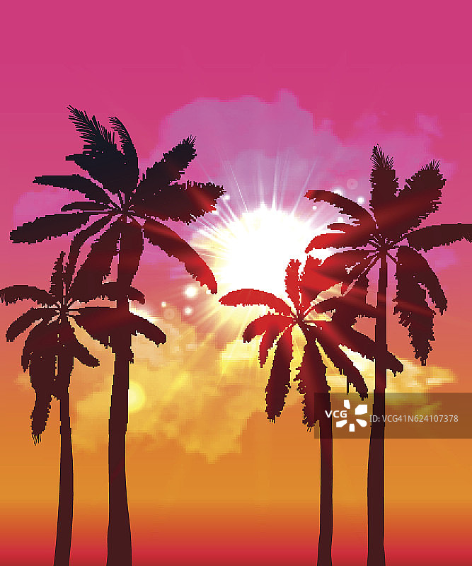 棕榈树的剪影在美丽的天空背景下的夏季日落。图片素材