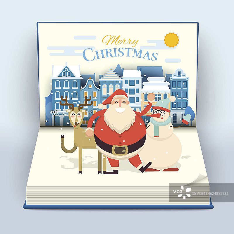 快乐微笑的卡通圣诞老人，小鹿和雪人挥手图片素材