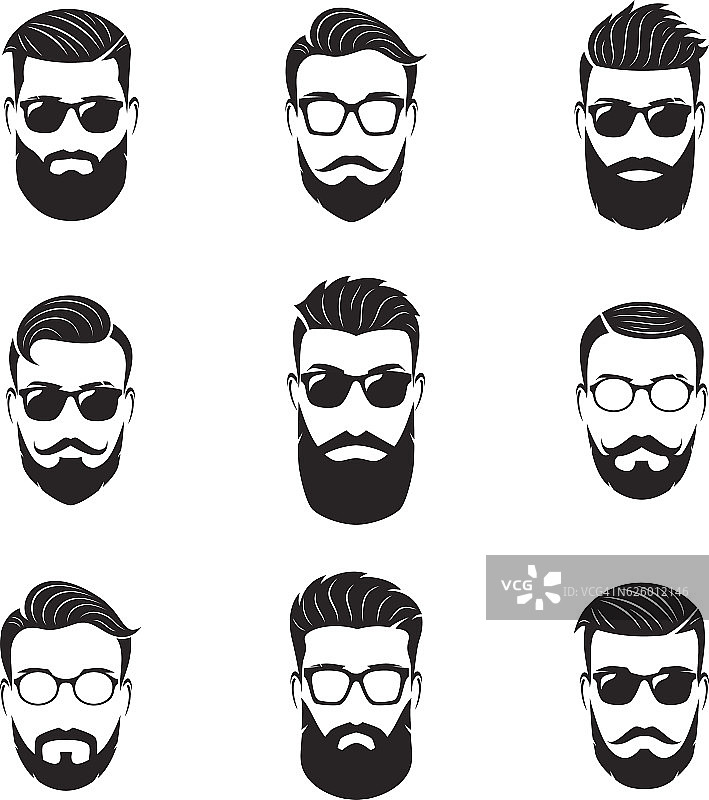 一组矢量胡子男人的脸，嬉皮士与不同的发型图片素材