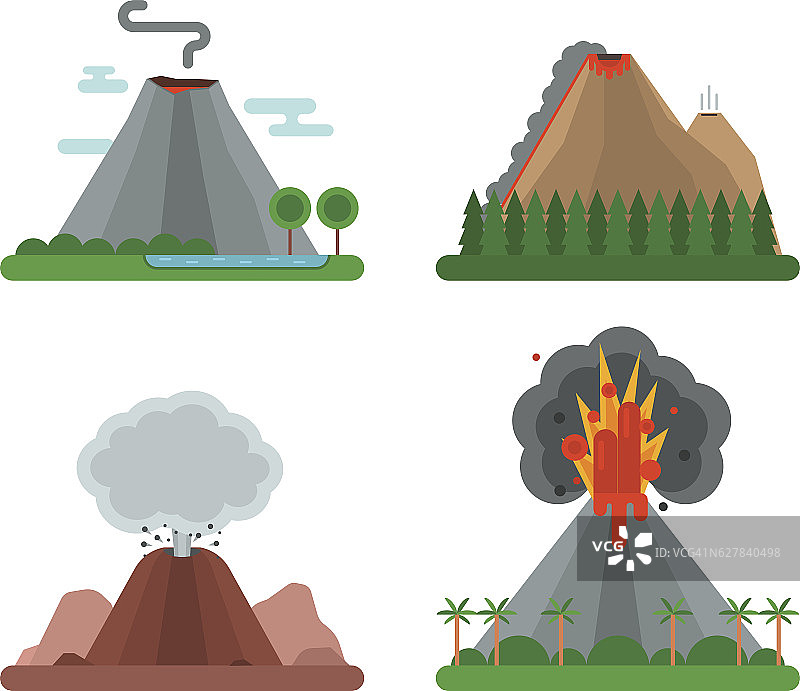 火山设置矢量插图。图片素材