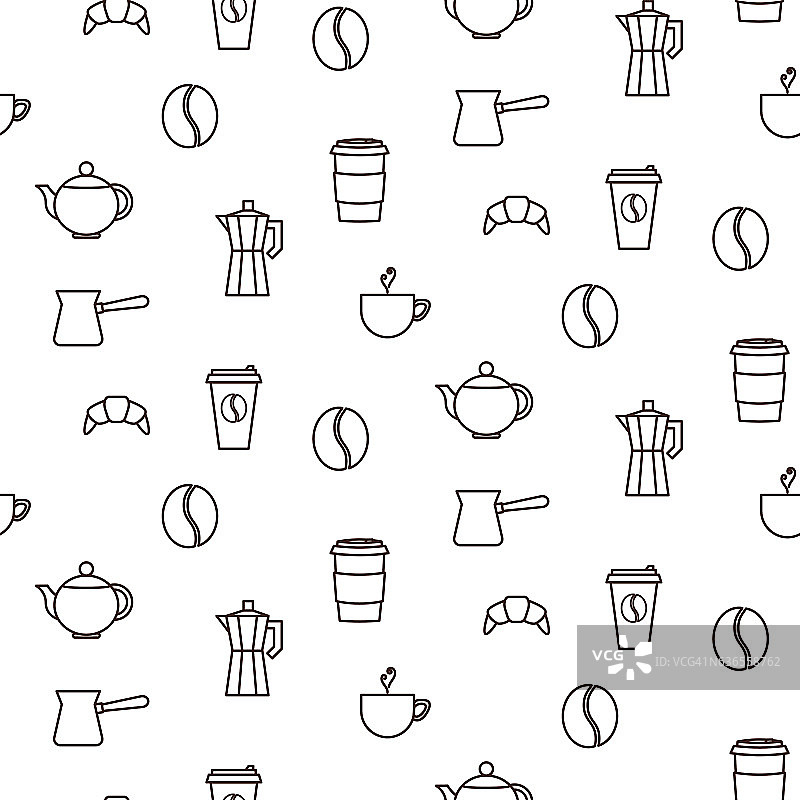 咖啡店线条图标无缝矢量图案。图片素材