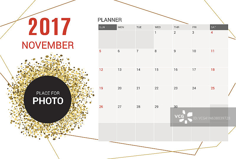 2017年11月计划日历模板。上周星期天开始。图片素材
