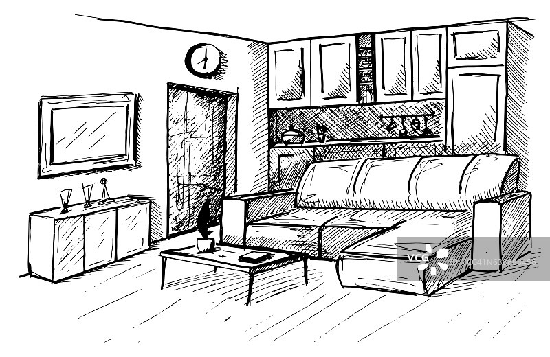 手绘。室内的线性草图。房间的计划。图片素材