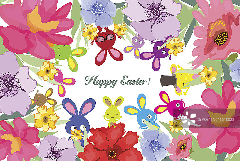 漂亮的复活节快乐卡片，兔子和花圈图片素材