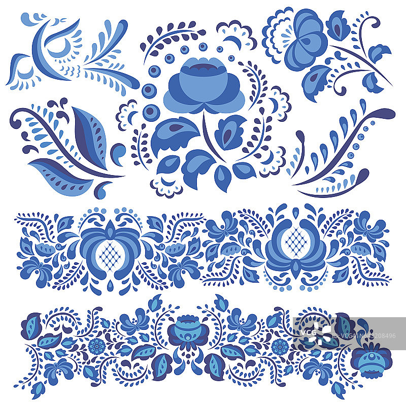 矢量插图与gzhel花卉图案在传统的俄罗斯风格孤立在白色和华丽的花和叶在蓝色和白色图片素材
