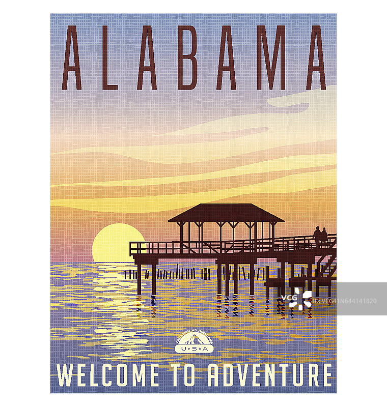 美国阿拉巴马州旅行海报或行李贴纸。日落时分在海湾沿岸的一个钓鱼码头的风景插图。图片素材