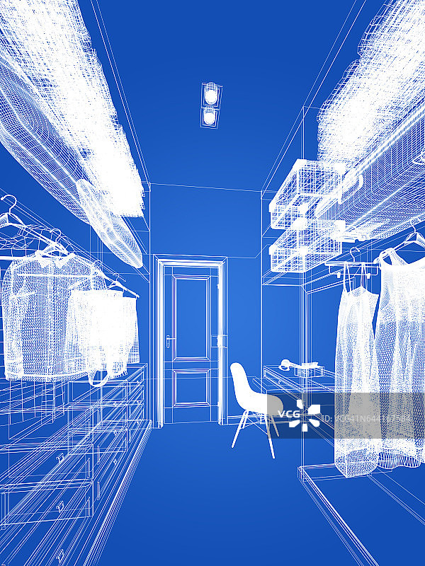 室内步入式衣柜抽象草图设计，3d效果图图片素材