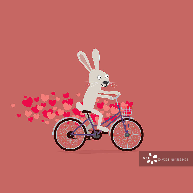 可爱的情人节卡片:卡通兔子骑着心形自行车图片素材