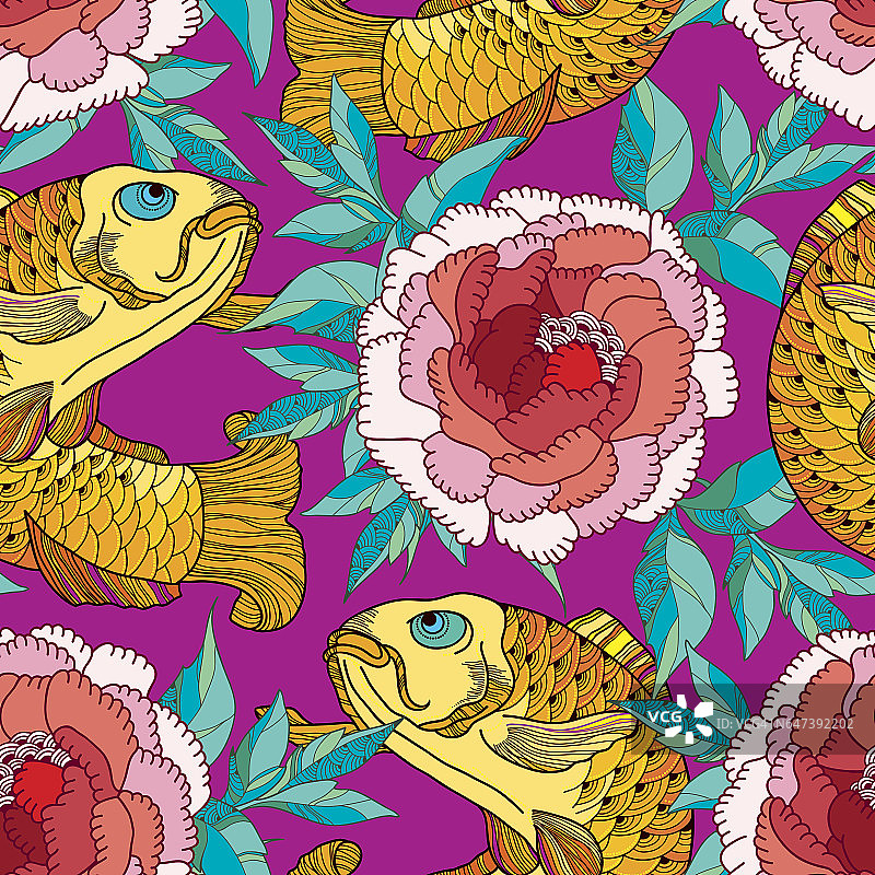 锦鲤和红菊花的无缝图案在粉红色的背景上。图片素材