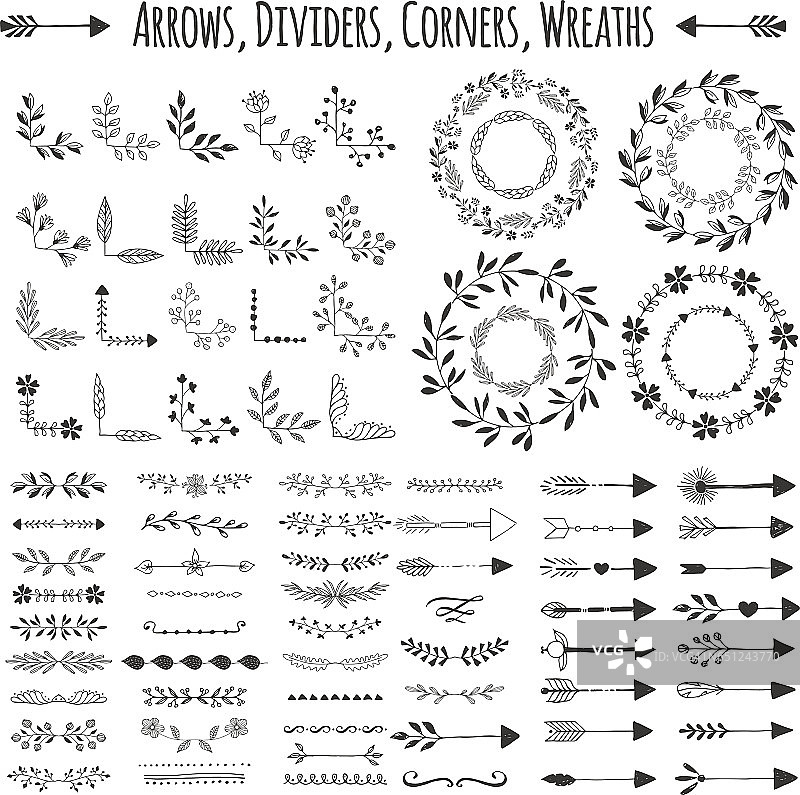 一组矢量箭头，花环，角和分割器。手绘设计元素。图片素材