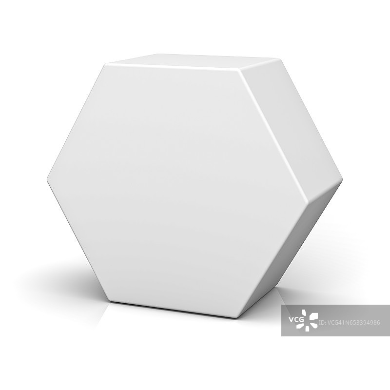 空白六边形盒孤立的白色背景与反射和阴影3D渲染图片素材