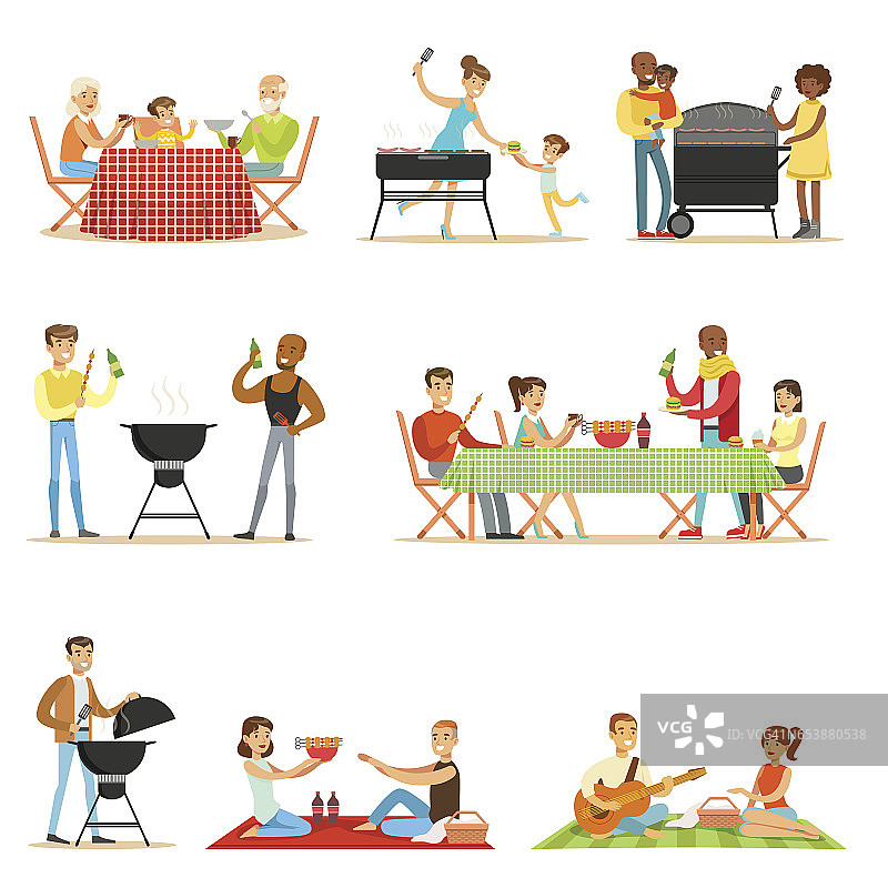 人们在烧烤野餐户外吃和烹饪烤肉在电烧烤架的场景图片素材