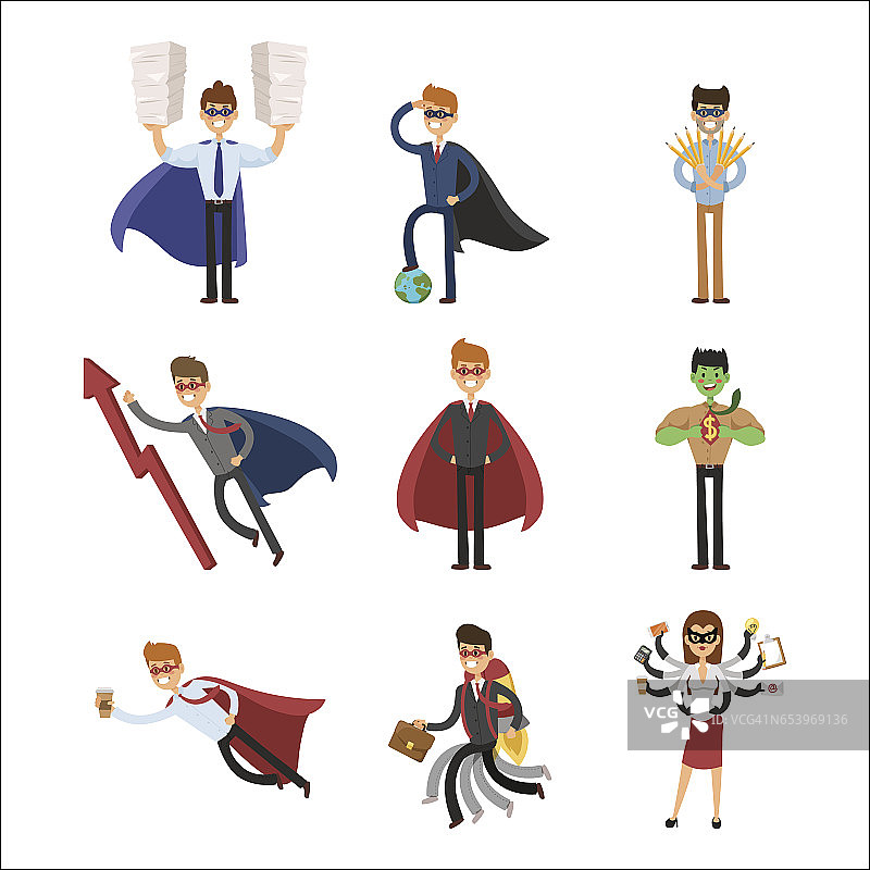 超级英雄商业男人女人矢量插图设置人物成功卡通权力概念商人强壮的人剪影领导团队孤立图片素材