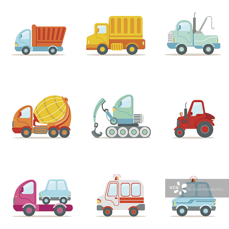 采购产品公共服务，建设和道路工作汽车套彩色的玩具卡通图标图片素材