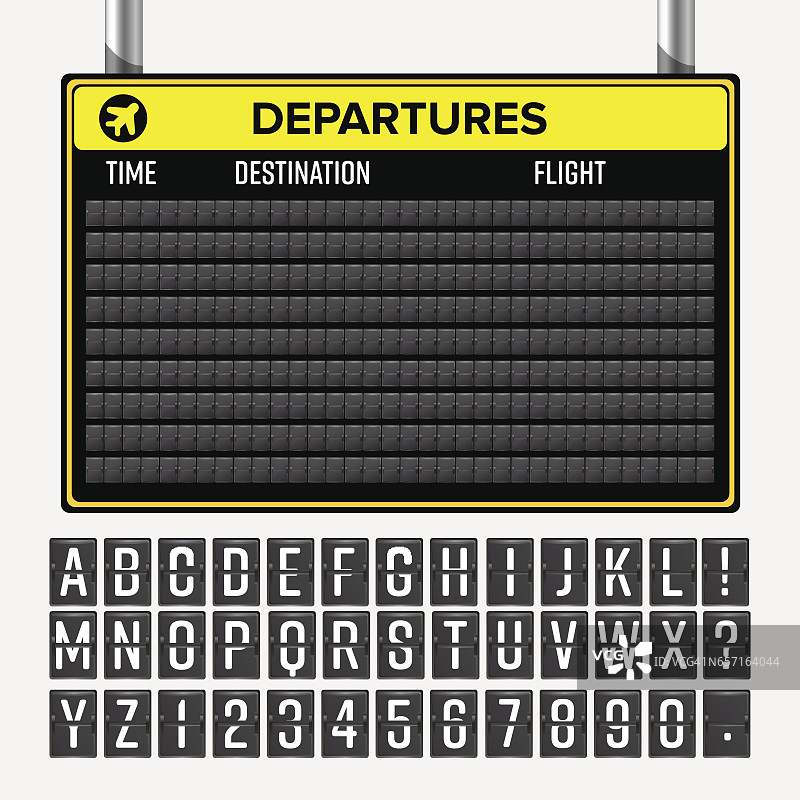 机场董事会向量。机械时间表信息字母表。Aalog字体图片素材
