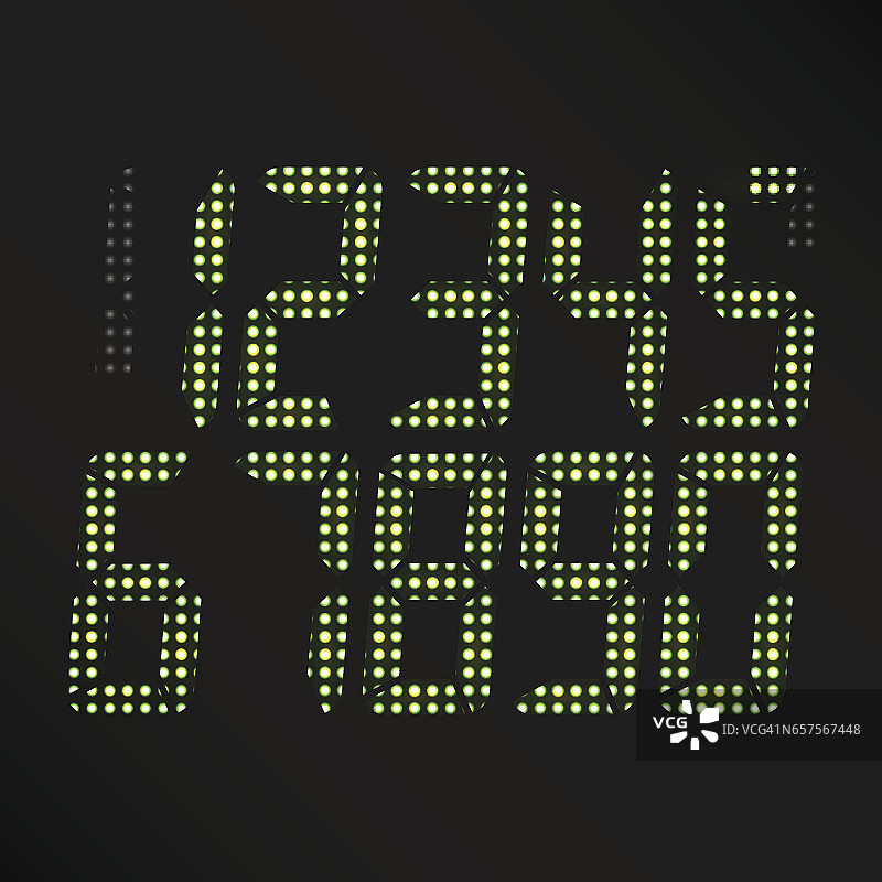 数字发光数字矢量。黑色背景上的数字绿色数字。经典的时间象征。复古时钟，计数，显示和电子产品图片素材