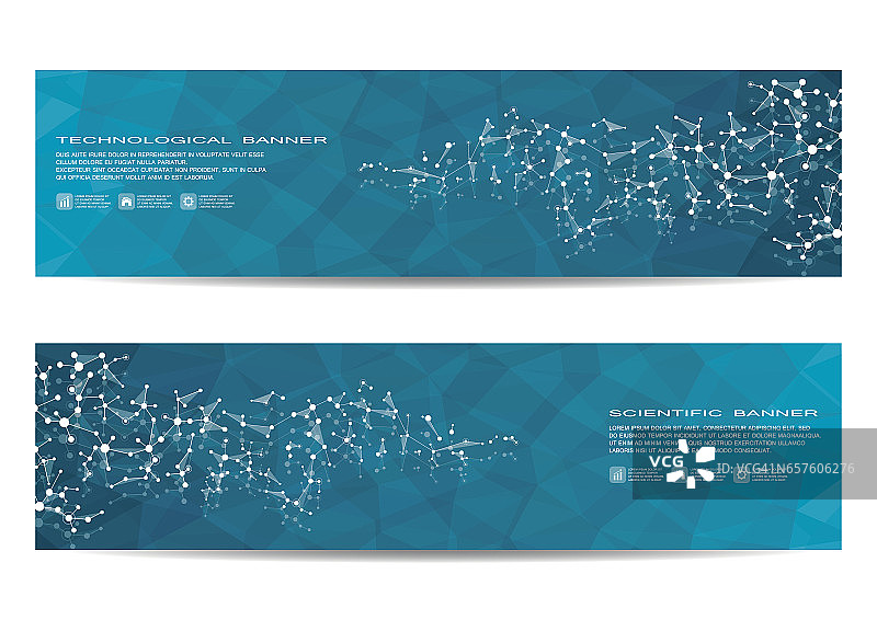 两个科学旗帜。DNA和神经元的分子结构。几何抽象背景。医药，科学，技术，商业和网站模板。矢量图图片素材