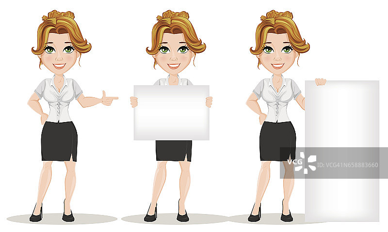 年轻的卡通商界女性。集。在工作环境中微笑的美丽女孩。时尚的现代女士做手势，举着横幅和站在横幅附近。矢量插图。EPS10图片素材