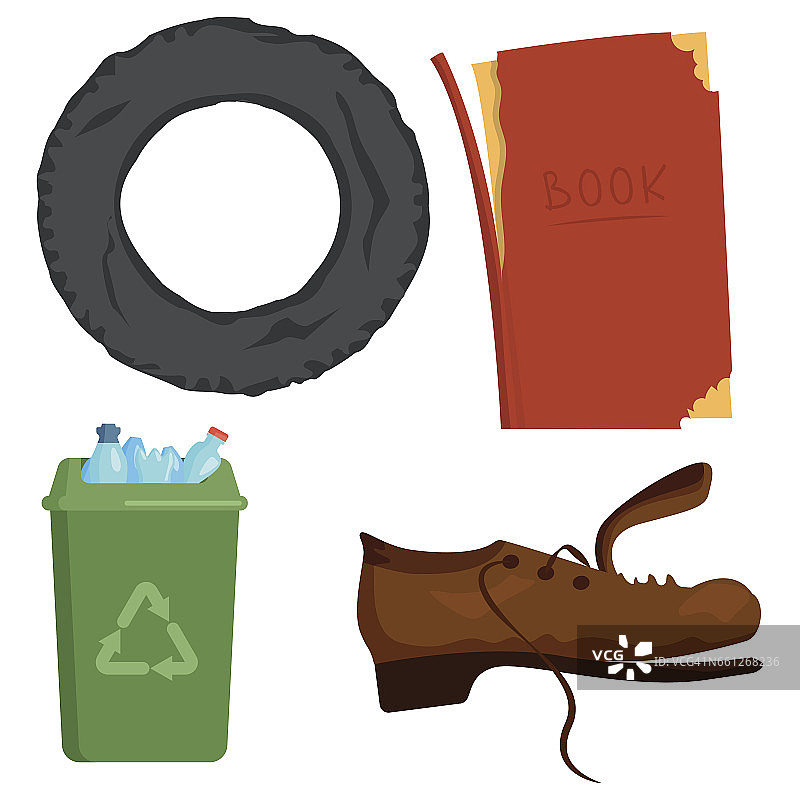 垃圾回收再利用要素、垃圾袋、轮胎管理行业利用废生态概念和可回收瓶子、处置箱矢量插图图片素材