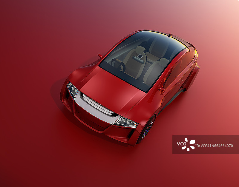 深红色背景下的金属红色自动驾驶汽车图片素材