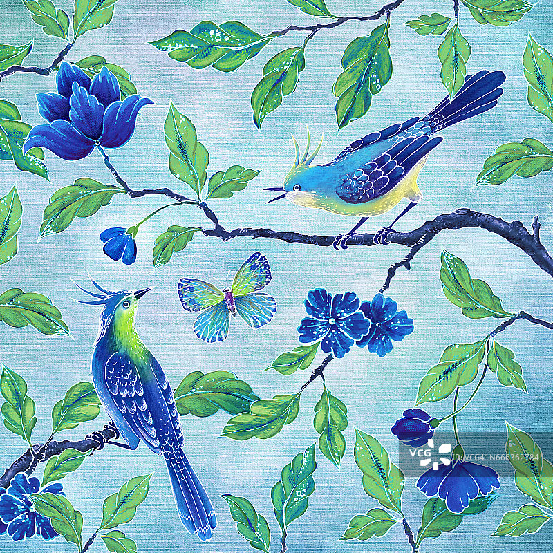 装饰鸟类手绘插画，鸣禽，亚洲花叶，异国情调的自然剪辑艺术，东方花卉设计背景图片素材