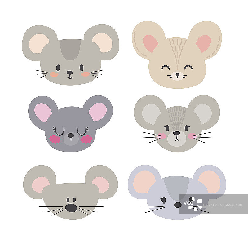 一组可爱的老鼠。动物有趣的涂鸦。卡通风格的小老鼠图片素材