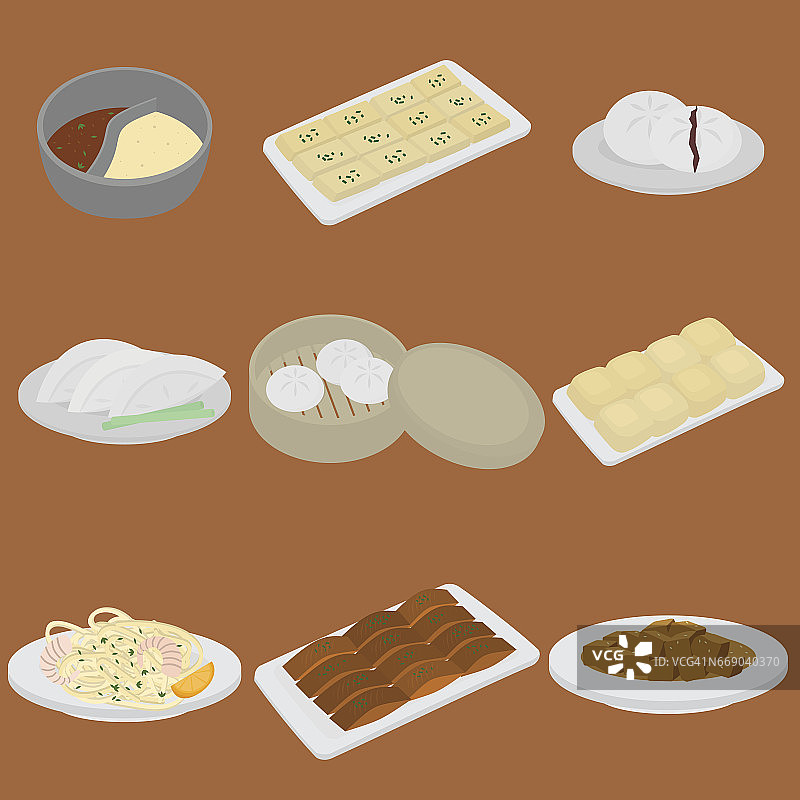 PrintSet中式食品平面设计元素。亚洲街头美食菜单。传统菜肴北京烤鸭，汤锅子，猪肉和豆腐。饺子，饺子和包子，面条和包子。图片素材