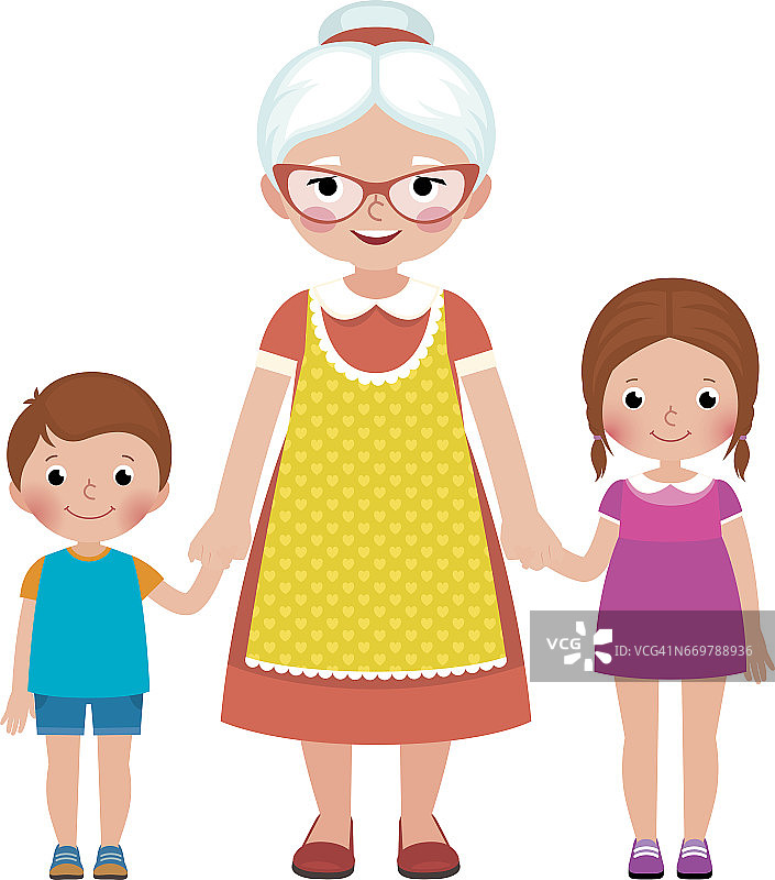 老奶奶戴着眼镜，围着围裙，牵着他们的小孙子和小女孩的手图片素材