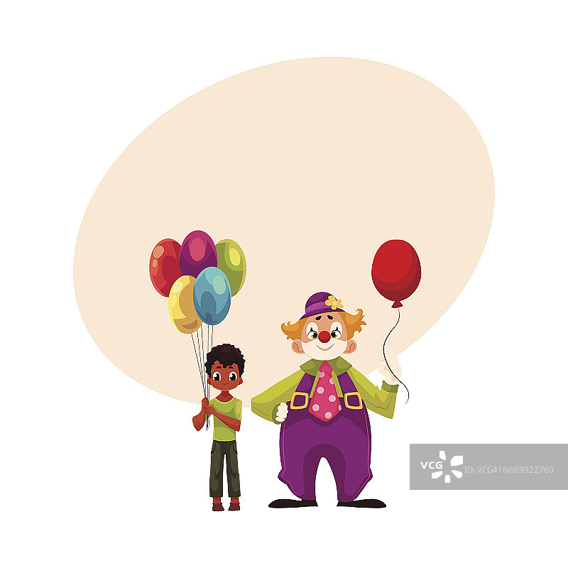 黑人，非裔美国男孩拿着气球和滑稽的小丑站在一起图片素材