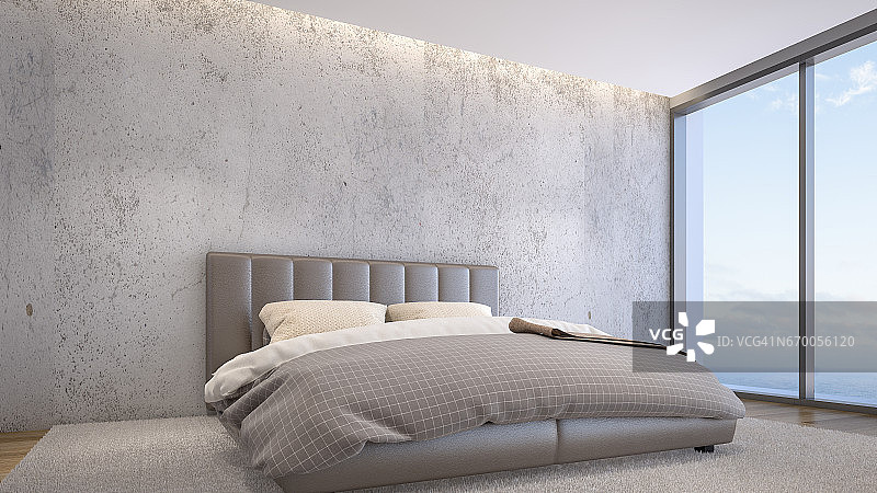 现代设计的卧室，混凝土墙，3d渲染图片素材