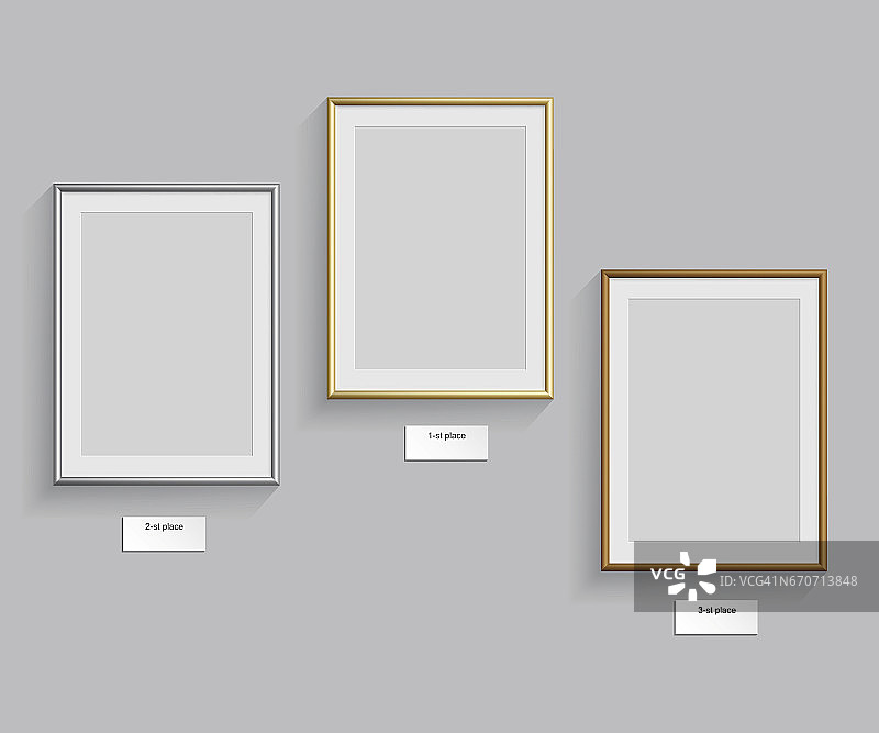 金色，银色和青铜框架孤立在灰色背景。矢量插图。平台框架。图片素材