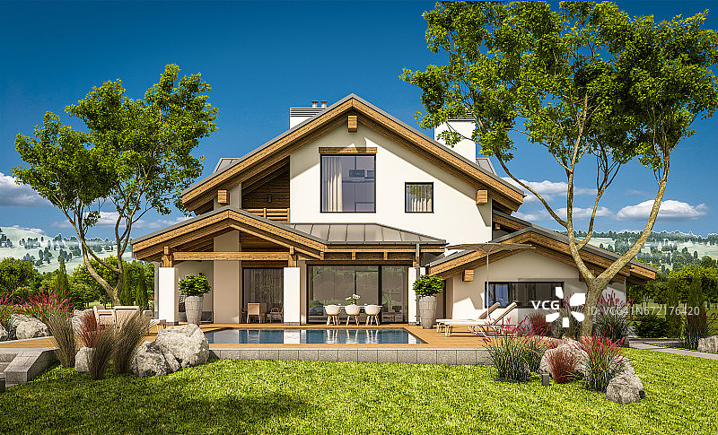 木屋风格的现代舒适住宅的3d渲染图片素材