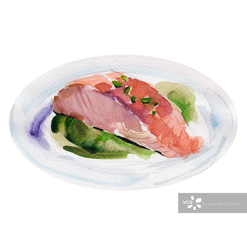 油炸三文鱼片与花椰菜酱孤立在白色背景，水彩插图手绘风格。图片素材